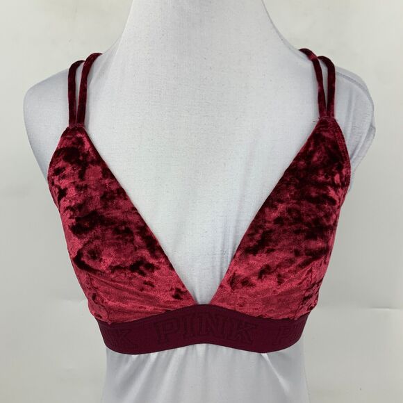 Pink Victorias Secret Bralette Women S Small Maroon Unlined Crushed Velvet Strap - Picture 3 of 12